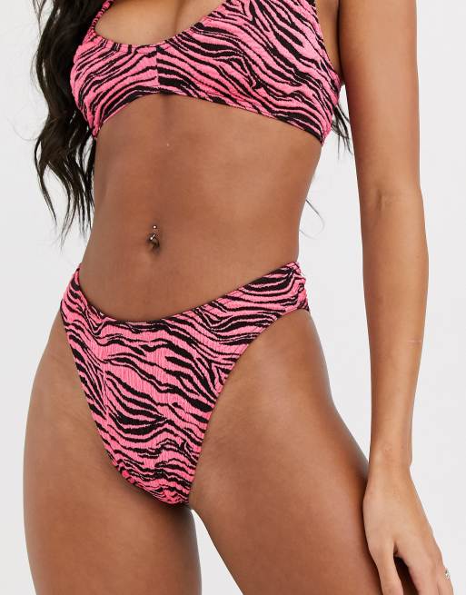 ASOS DESIGN mix & Match – Różowy marszczony dół od bikini w paski zebry o kroju hipster z wysokim wycięciem