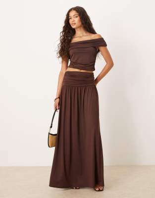 Asos Design Mix & Match Ruched Off The Shoulder Top In Brown