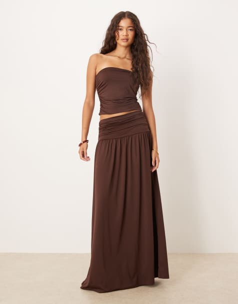 ASOS DESIGN mix & match ruched top and skirt in chocolate - view 1