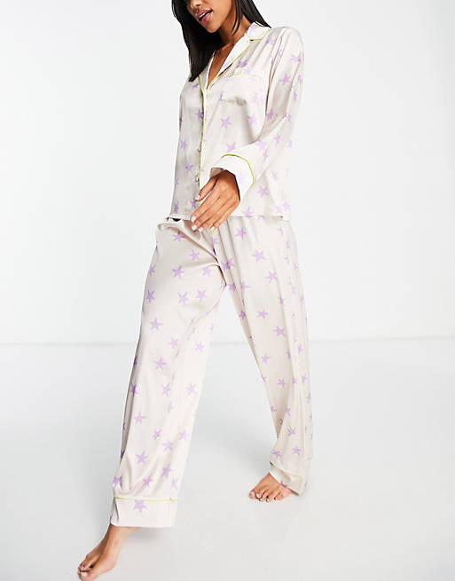Dames Kleding voor voor Nachtmode voor Pyjamas ASOS Satijn Mix & Match Pyjama-cami Van Satijn Met Sterrenprint in het Wit 