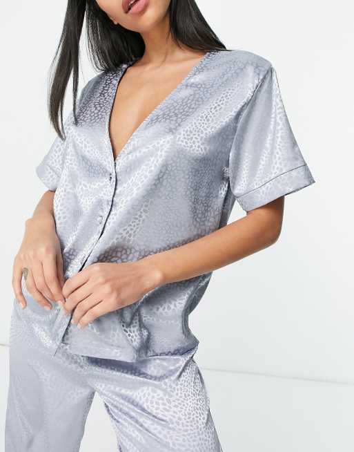 ASOS DESIGN mix & match satin animal jacquard pajama shirt in