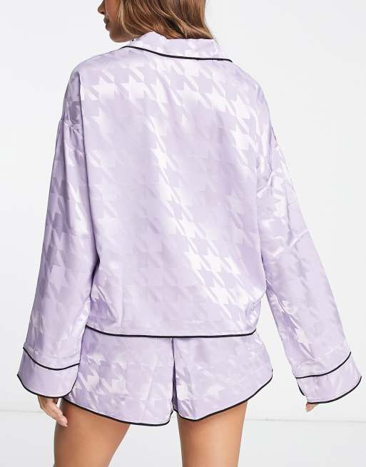 ASOS Design Mix & Match Satin Dogtooth Jacquard Pajama Shirt in lilac-Purple