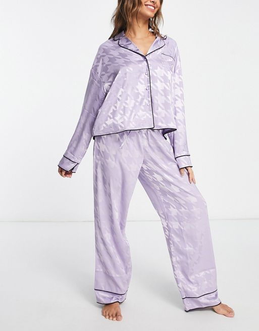 ASOS DESIGN Petite cotton pajama pants with exposed waistband and picot  trim in lilac