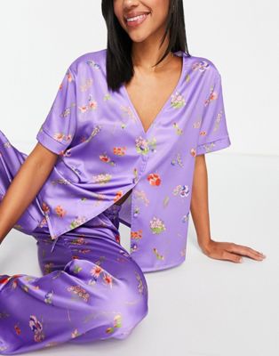 ASOS DESIGN mix & match satin floral collarless pajama shirt in purple | ASOS