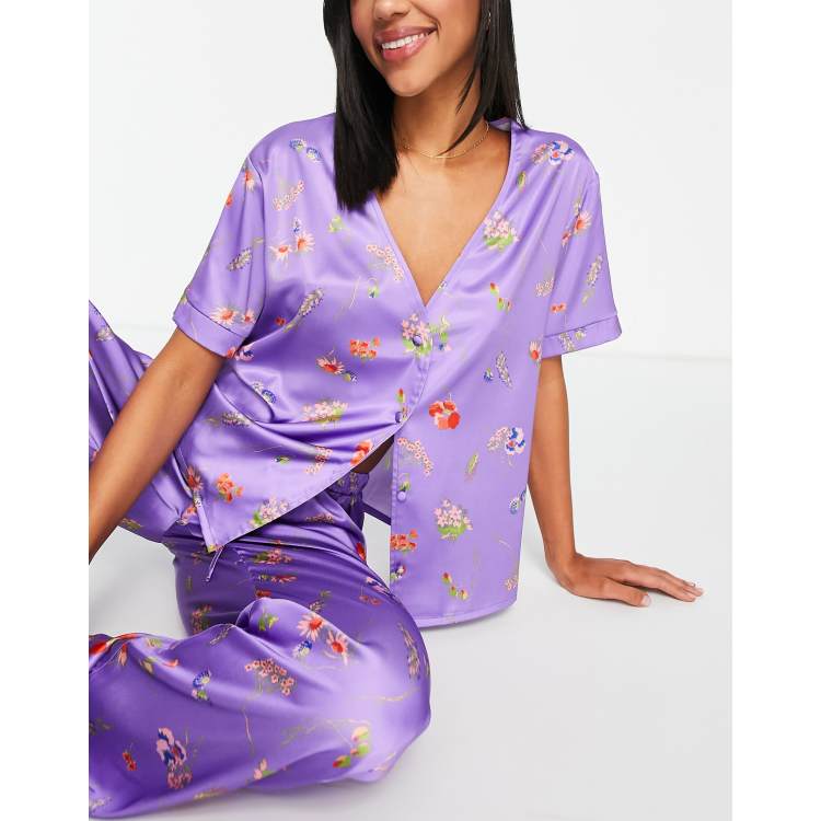 ASOS Design Mix & Match Satin Dogtooth Jacquard Pajama Shirt in lilac-Purple