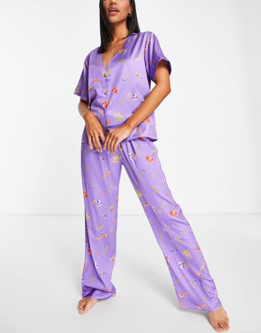 ASOS DESIGN mix & match satin floral collarless pajama shirt in purple