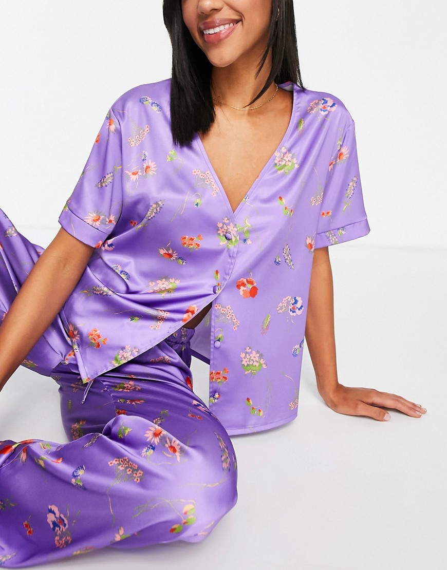 ASOS DESIGN mix & match satin floral collarless pyjama shirt in purple