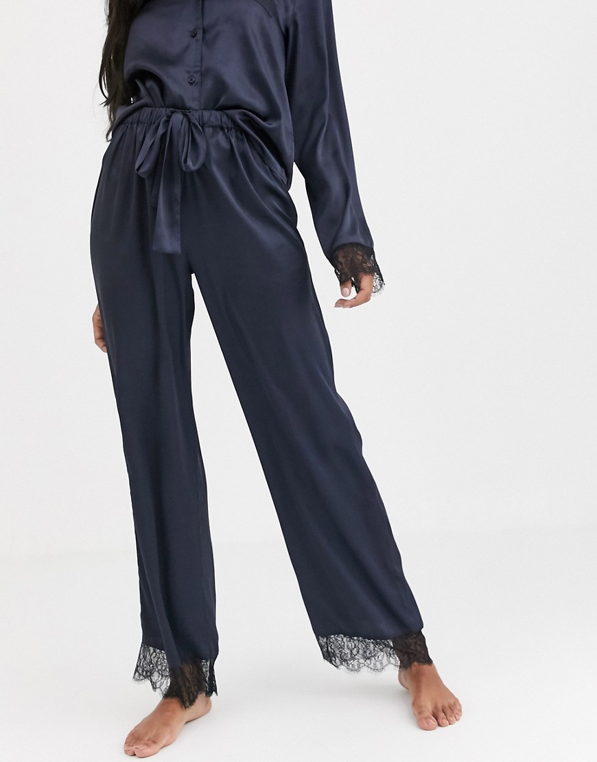 Asos Design Mix & Match Satin & Lace Pyjama Trousers-navy