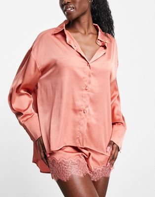 ASOS DESIGN mix & match satin oversized drop sleeve pyjama shirt in rust - ASOS Price Checker