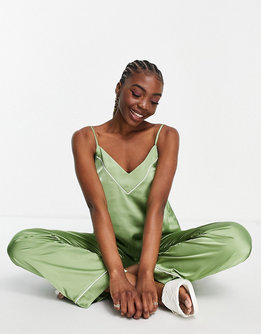 Asos Design Mix & Match Satin Pajama Cami In Sage-green