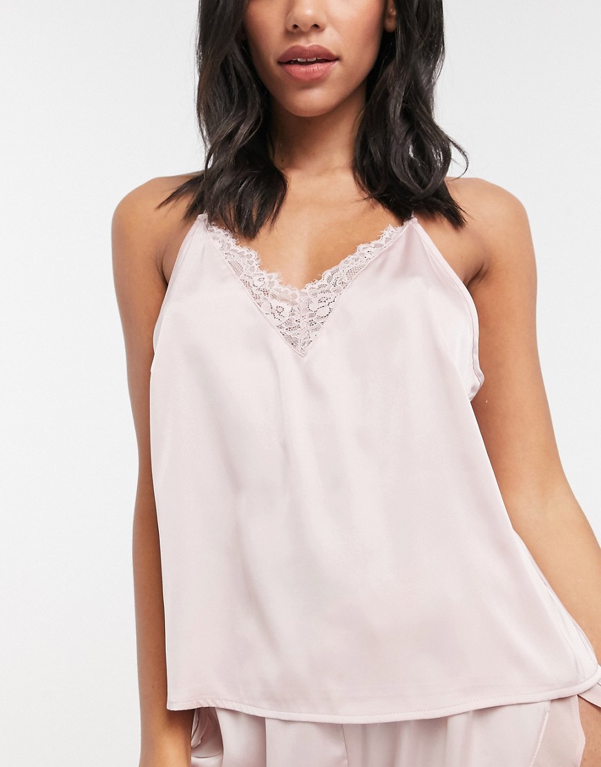 ASOS DESIGN mix & match satin pajama cami with lace trim & back detail in mink-Neutral
