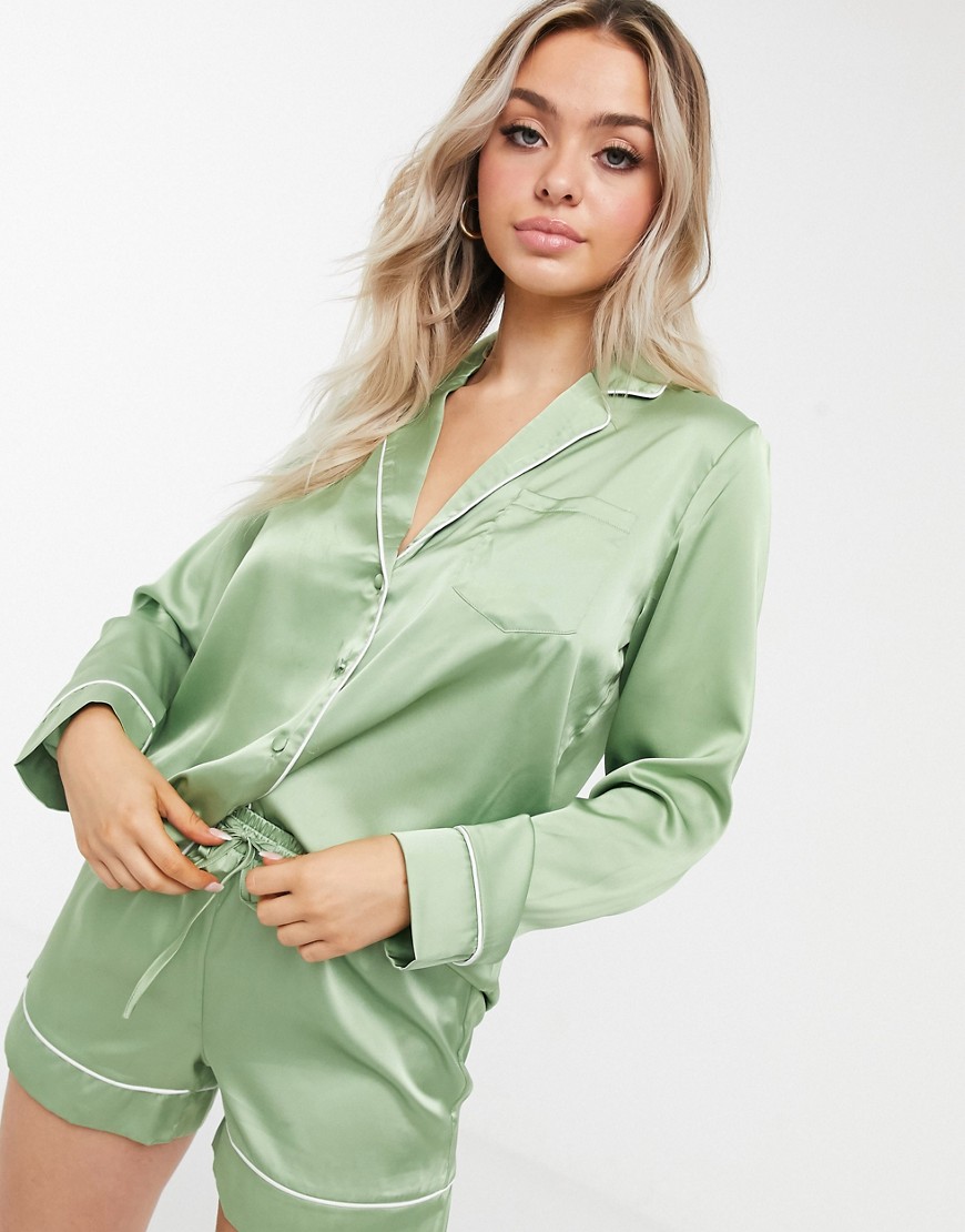 Asos Design Mix & Match Satin Pajama Shirt In Sage-green