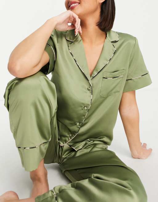 Olive green silk pajamas hotsell