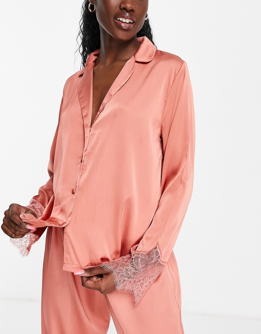 ASOS DESIGN mix & match satin pajama shirt with lace in rust-Red