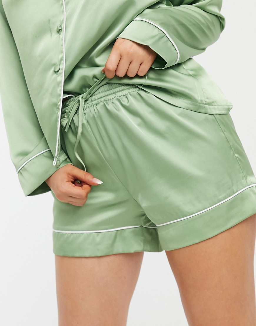 Asos Design Mix & Match Satin Pajama Short In Sage-green