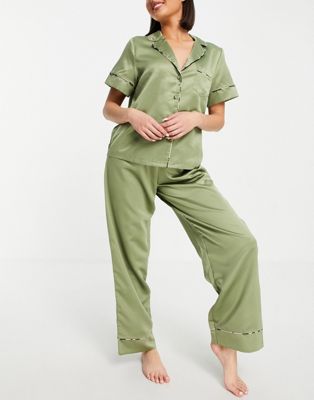 ASOS DESIGN mix & match satin pyjama shirt with animal print piping in olive - ASOS Price Checker