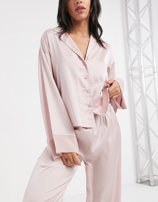 ASOS DESIGN mix & match satin pyjama shirt with contrast cuff in mink