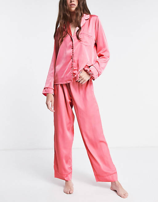 ASOS DESIGN mix & match satin pyjama trouser with neon piping in pink