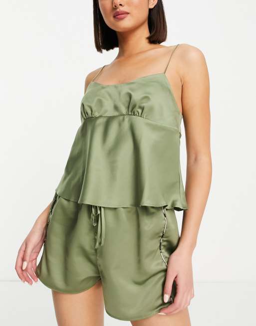 ASOS DESIGN mix match satin Pyjamas with Cami in olive