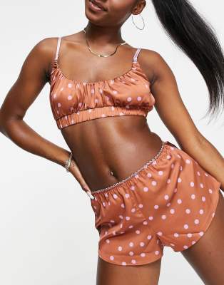 ASOS DESIGN mix & match satin spot pajama short in brown & lilac