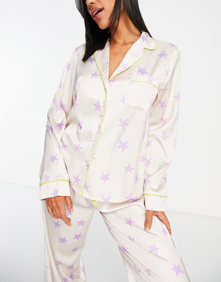 ASOS DESIGN mix & match satin star long sleeve pajama shirt in champagne-White