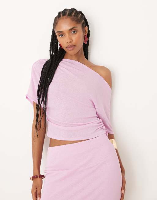 ASOS DESIGN – Mix & Match – Schulterfreies, gerafftes Oberteil aus Netzstoff in halbtransparentem Flieder