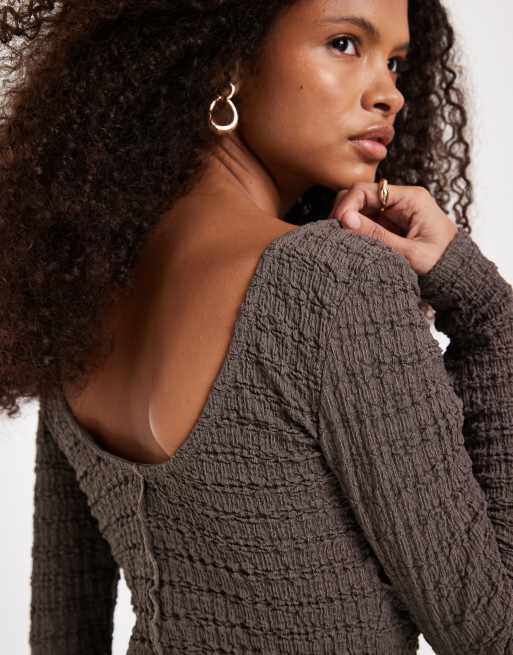 ASOS DESIGN mix & match scoop neck or back textured long sleeve top with seam detailing in gray , 3 of 4