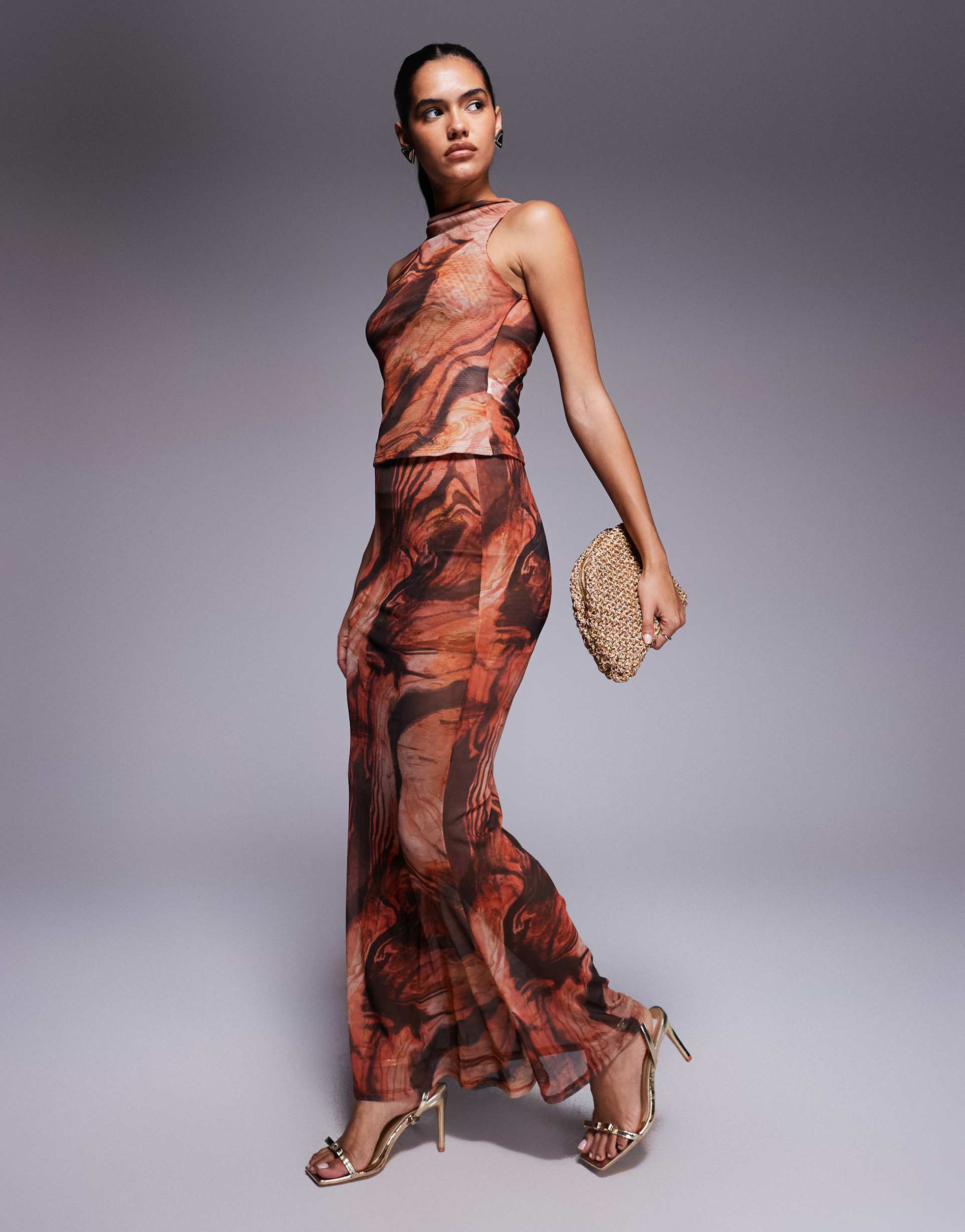ASOS DESIGN mix & match sheer mesh fishtail maxi skirt in orange abstract print