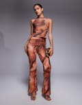 [ASOS DESIGN] ASOS DESIGN mix & match sheer mesh flare pants in orange abstract print-Multi XS Abstract print