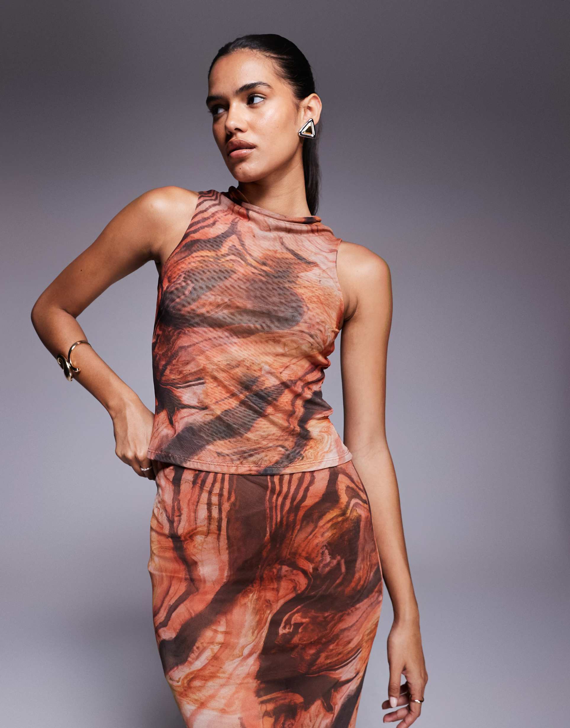 asos design mix & match sheer mesh high cowl neck tank top in orange abstract print