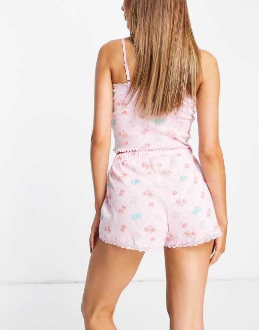 ASOS DESIGN - Mix & Match - Short de pyjama en maille pointelle à imprimé floral et bords en dentelle - Rose, 2 de 4