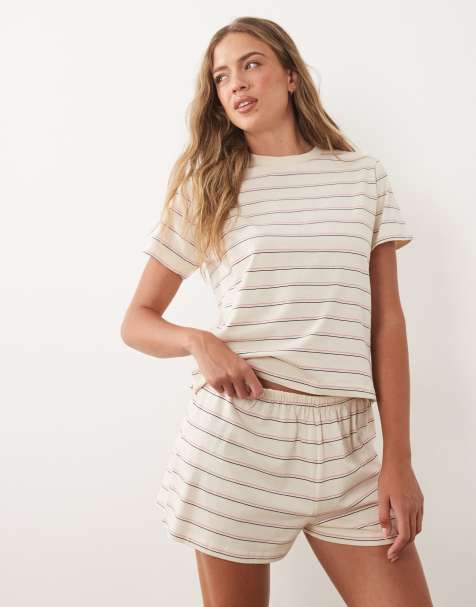 ASOS DESIGN - Mix & Match - Short de pyjama fluide en coton - Crème rayé - view 1