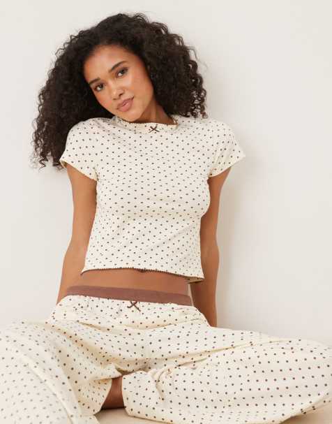 ASOS DESIGN mix & match short sleeve pajama top in cream & brown polka dot print - view 1