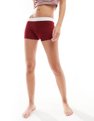 ASOS DESIGN mix & match short with exposed waistband and picot trim in burgundy-Red