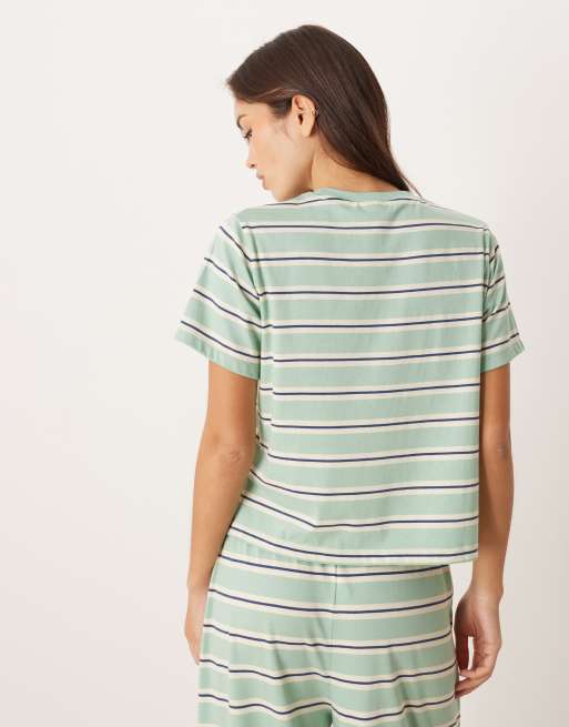 ASOS DESIGN mix & match side slit pajama tee in sage & blue stripes, 3 of 4