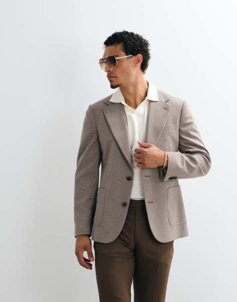 ASOS DESIGN mix & match slim suit jacket in beige micro check - view 1