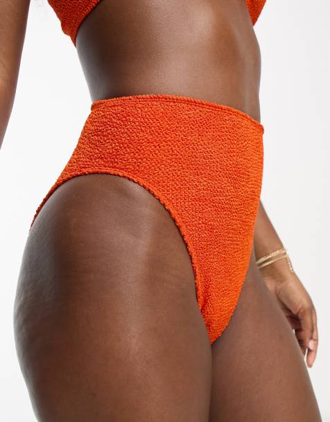 ASOS DESIGN - Mix & Match - Slip bikini arancione scuro sgambato a vita alta in tessuto stropicciato - view 1
