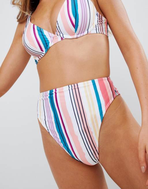 ASOS DESIGN - Mix & Match - Slip bikini sgambato a vita alta con stampa a righe pastello, 3 di 4