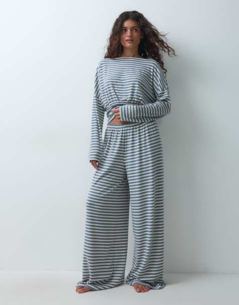 ASOS DESIGN mix & match slouchy loungewear in blue and yellow stripe - view 1
