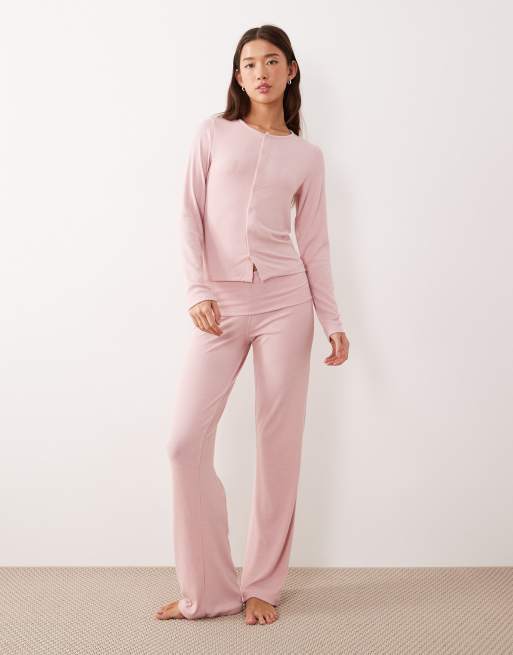 ASOS DESIGN mix & match soft rib knit button up pajama cardigan in light pink, 3 of 4