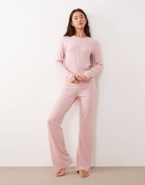 ASOS DESIGN mix & match soft rib knit fold over pajama pants in light pink - view 1