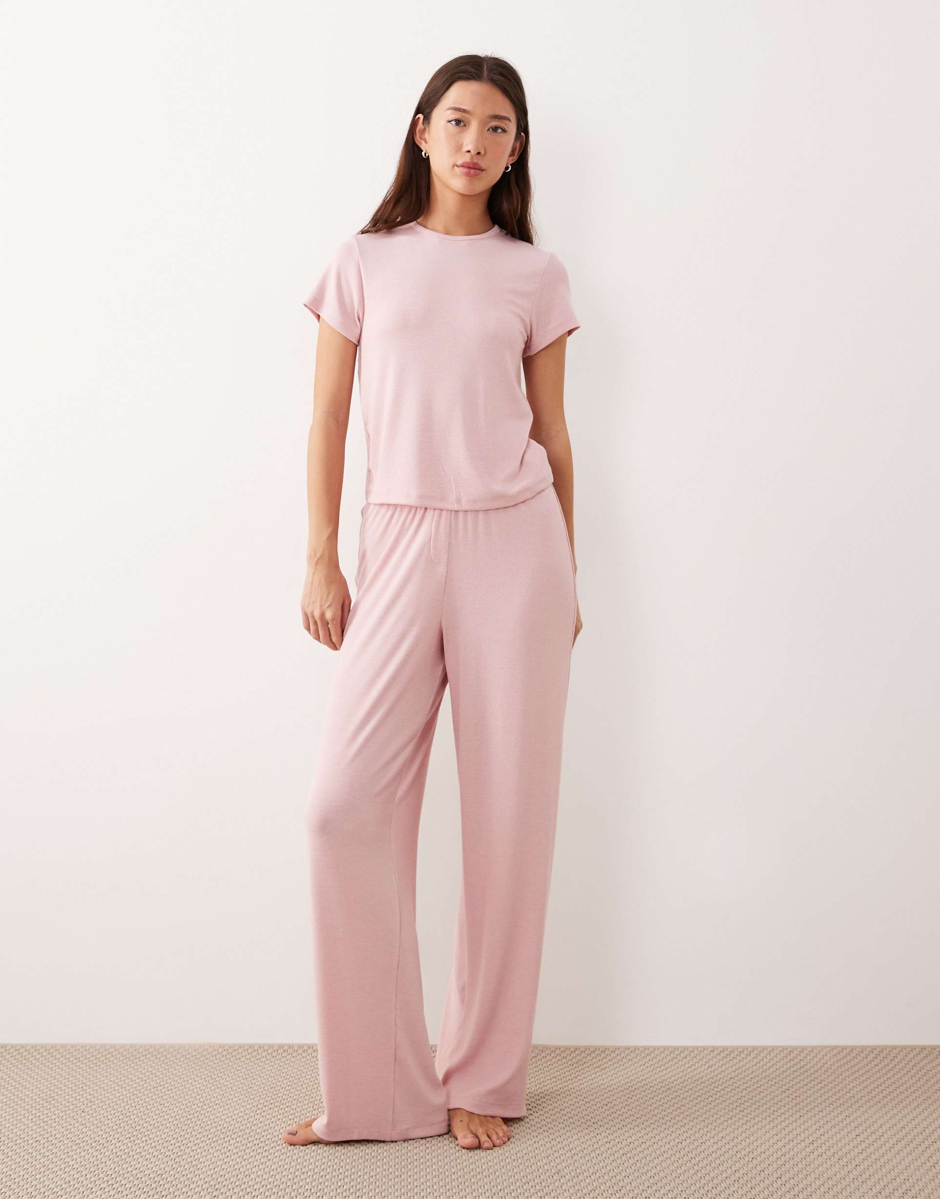asos design mix & match soft rib knit wide leg pajama pants in light pink