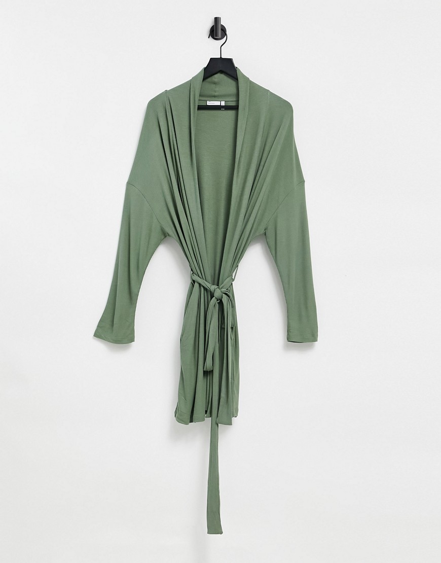 ASOS DESIGN mix & match soft rib midi robe in khaki-Green