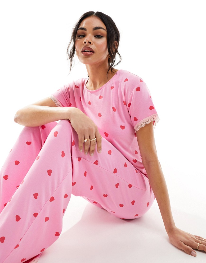 ASOS DESIGN mix & match super soft heart print pyjama tee in pink
