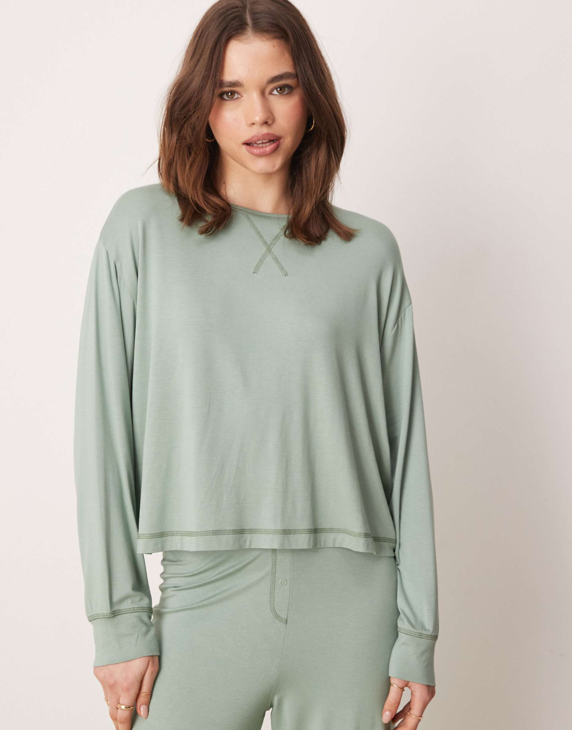 asos design mix & match super soft long sleeve oversized pajama top in green