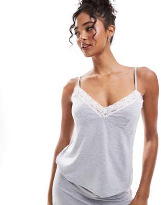 Asos Design Mix & Match Super Soft Print Pyjama Cami In Grey Marl With Lace Trim