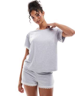 ASOS DESIGN mix & match super soft pyjama tee in grey marl with lace trim