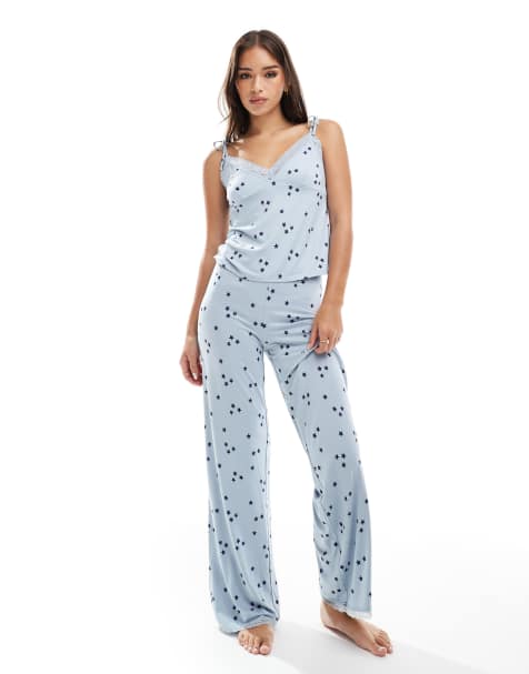 ASOS DESIGN mix & match super soft star print pajama pants in blue with lace trim - view 1