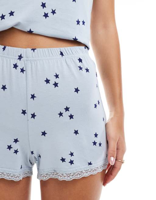 ASOS DESIGN Mix & Match super soft star print pyjama shorts in blue with lace trim, 3 of 4