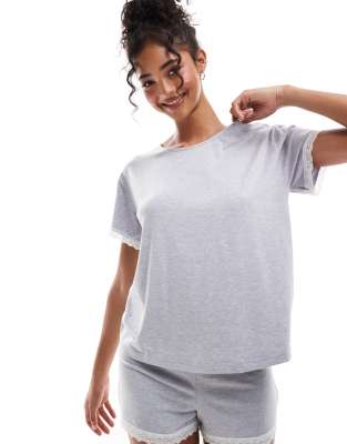 ASOS DESIGN - Mix & Match - Superweiches Pyjama-T-Shirt in meliertem Grau mit Spitzenborte